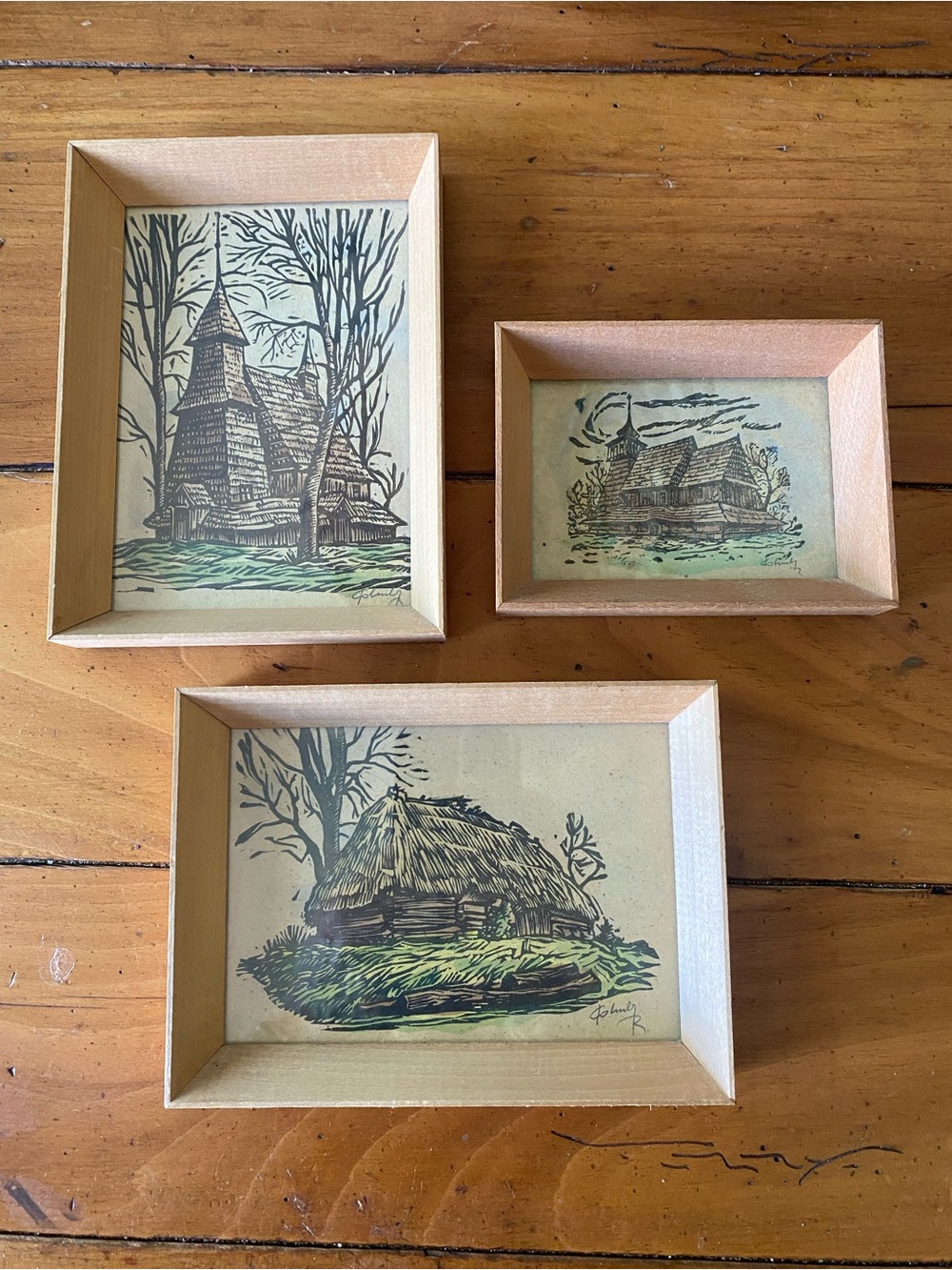 Vintage Polish linocut art Wood-Frame Village Art Prints - Set of 3 (Beige/Tan)